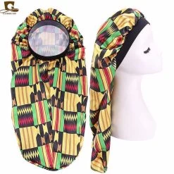 Long Satin Bonnet Sleep Cap Soft Elastic Band Loose Cap Bonnets For Long Hair-Geometric Yellow