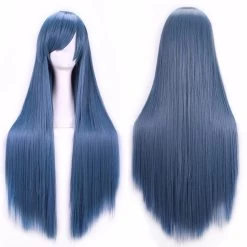 New 80cm Straight Sleek Long Full Hair Wigs W Side Bangs Cosplay Costume Womens - Dusty Blue