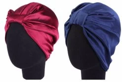 2Pcs Silk Sleep Cap For Women Hair Care Natural Silk Night Bonnet With Elastic Stay On Head-Wine Red